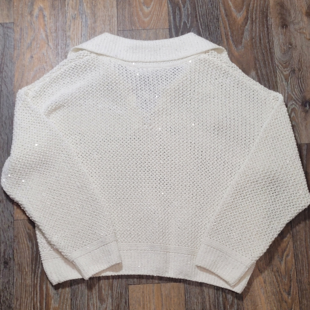 Joie Womens Large Coastal Vibes Textured White Shimmer Crochet Pullover Sweater - Picture 5 of 5